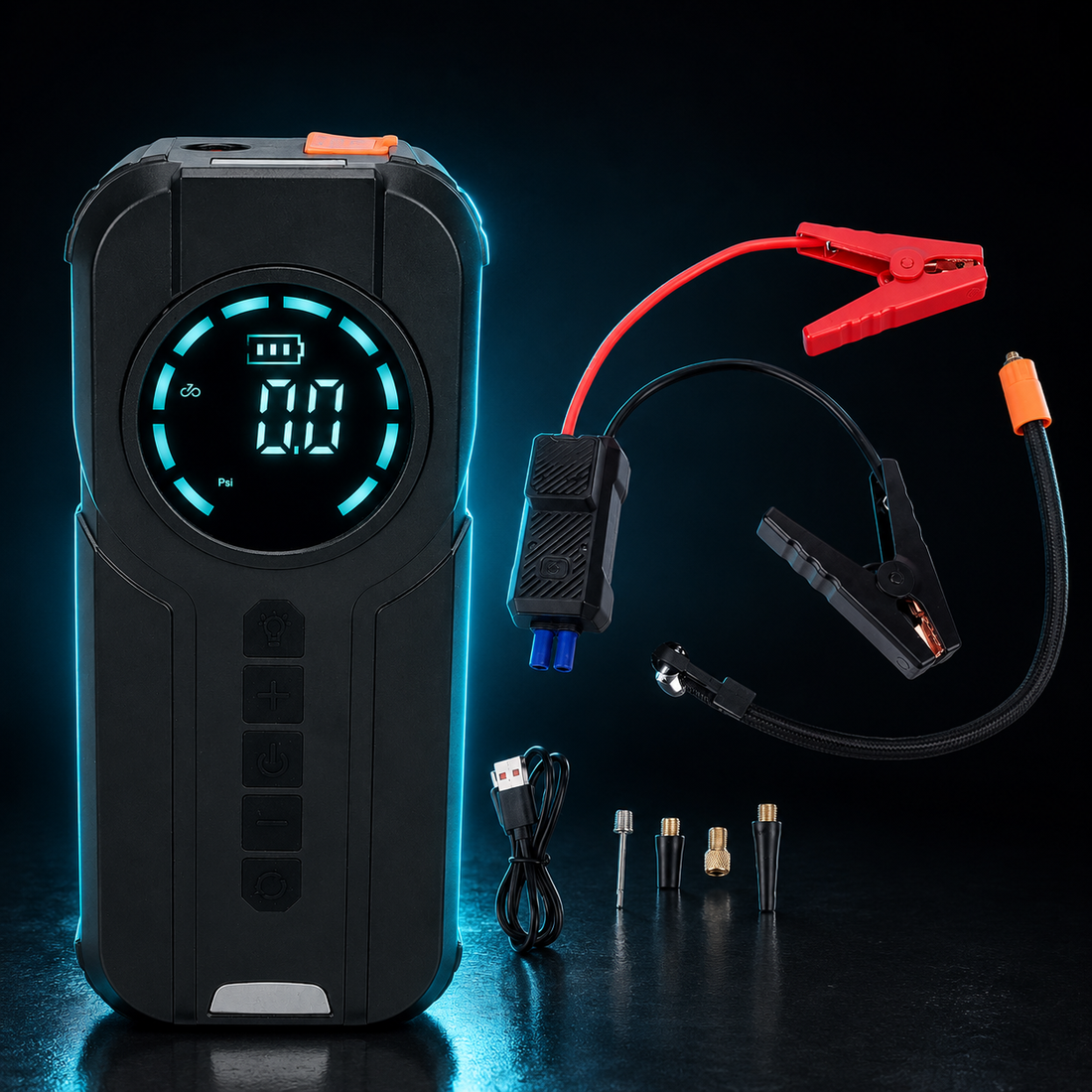 Persona usando un partidor de batería portátil IcarYou para arrancar su auto