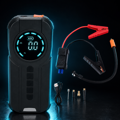 IcarYou BatterySummoner™ Partidor de Batería Portátil 4 en 1 – Compresor de Aire, Inflador de Neumáticos, Power Bank 10000mAh y Luz de Emergencia
