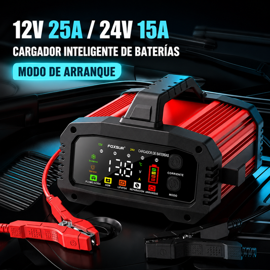 IcarYou PulseCharger™ Cargador de Batería Inteligente 25A/15A – Autos y Motos 12V/24V, 8 Etapas, Booster de Arranque y Reparación por Pulsos
