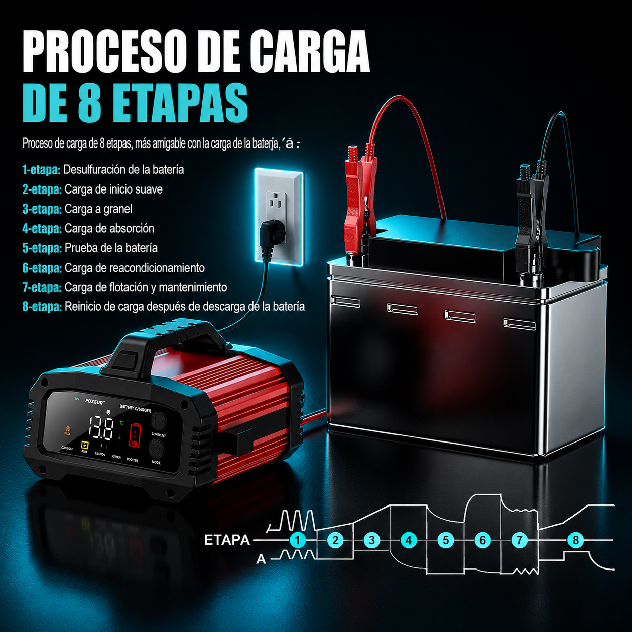 IcarYou PulseCharger™ Cargador de Batería Inteligente 25A/15A – Autos y Motos 12V/24V, 8 Etapas, Booster de Arranque y Reparación por Pulsos