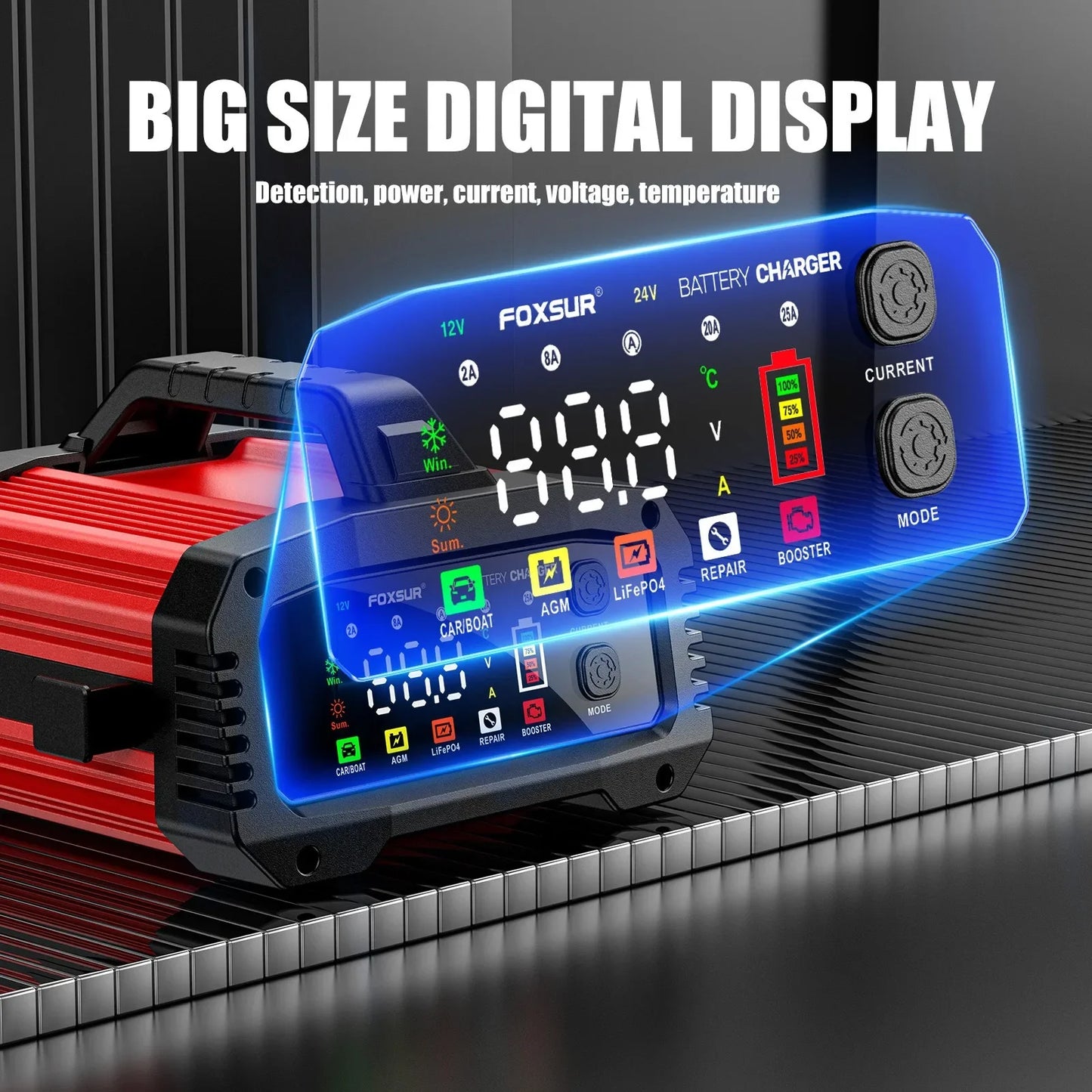 IcarYou PulseCharger™ Cargador de Batería Inteligente 25A/15A – Autos y Motos 12V/24V, 8 Etapas, Booster de Arranque y Reparación por Pulsos